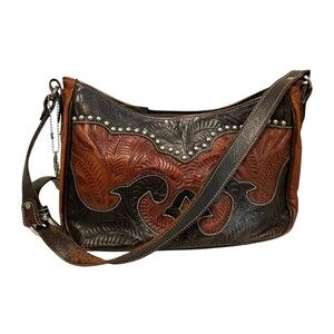 American West Concealed Carry Western Brown Tooled Leather Shoulder Handbag